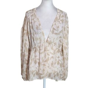 Cabi Tan Leaf Print Sheer Blouse Size Small Tan and White Sheer Top